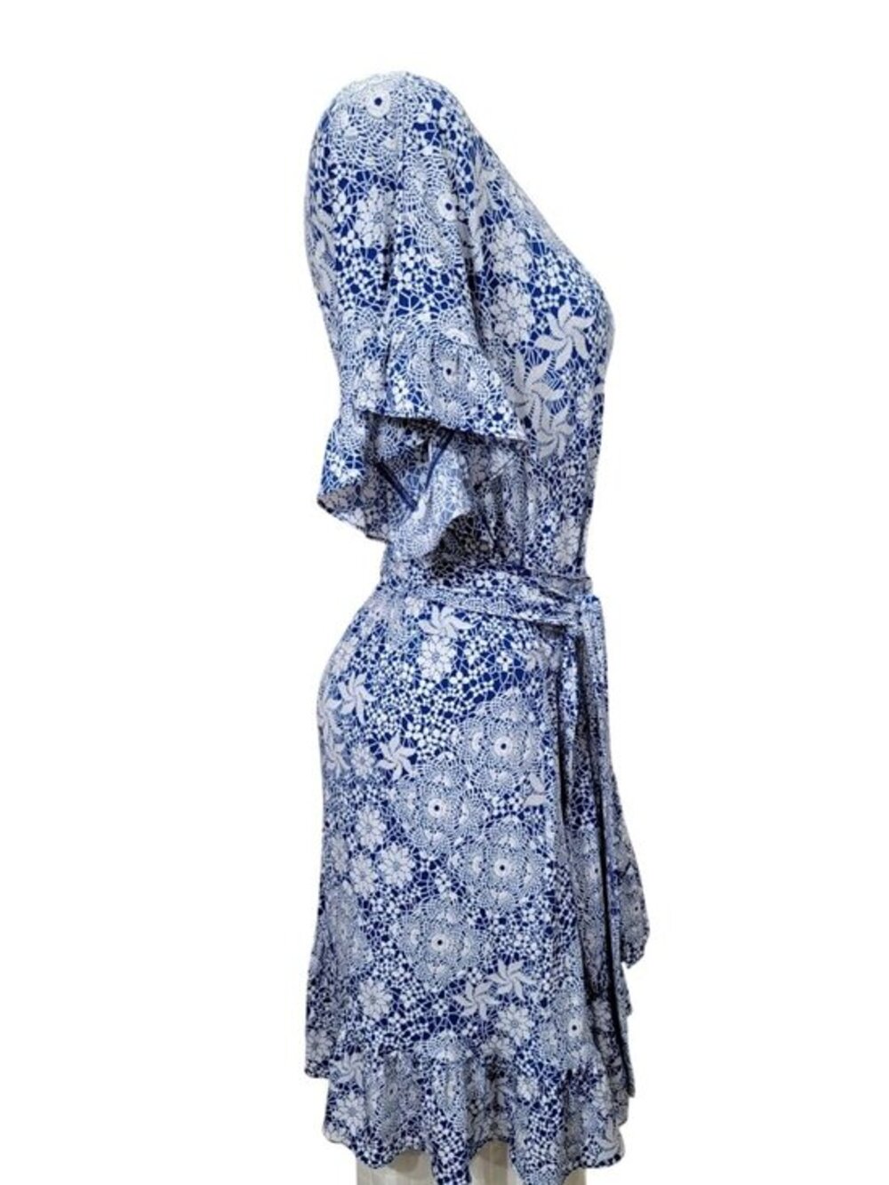Michael Kors Blue White Print Belted Layered Ruffle Dress XXL - Picture 6 of 10